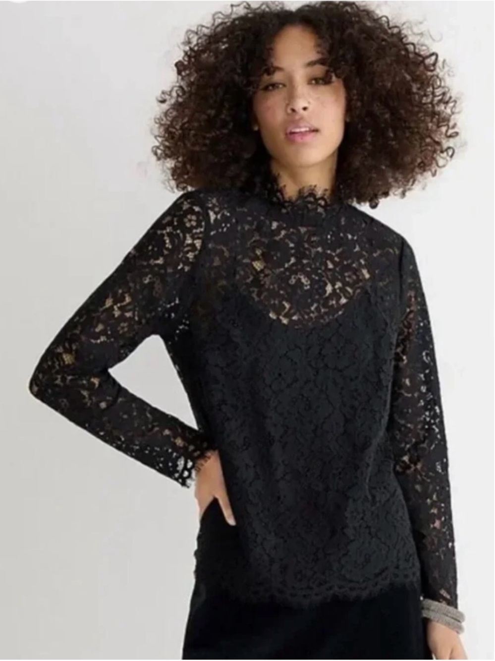 J Crew Black Mock Neck Lace Long Sleeve Top